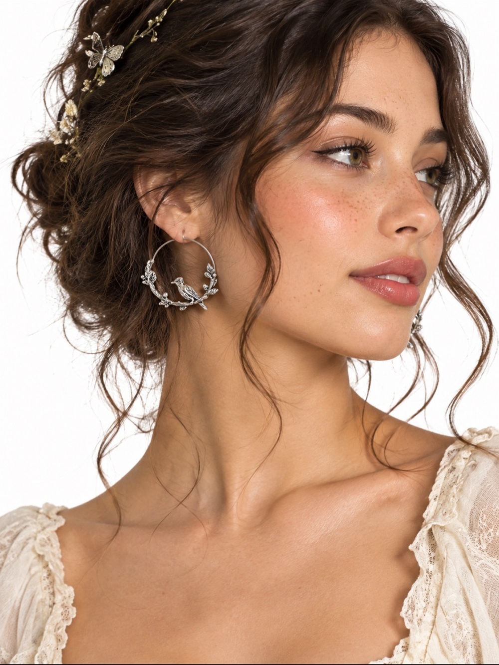 Silver Bird On a Flower Branch Hoop Earrings - Women Jewelry